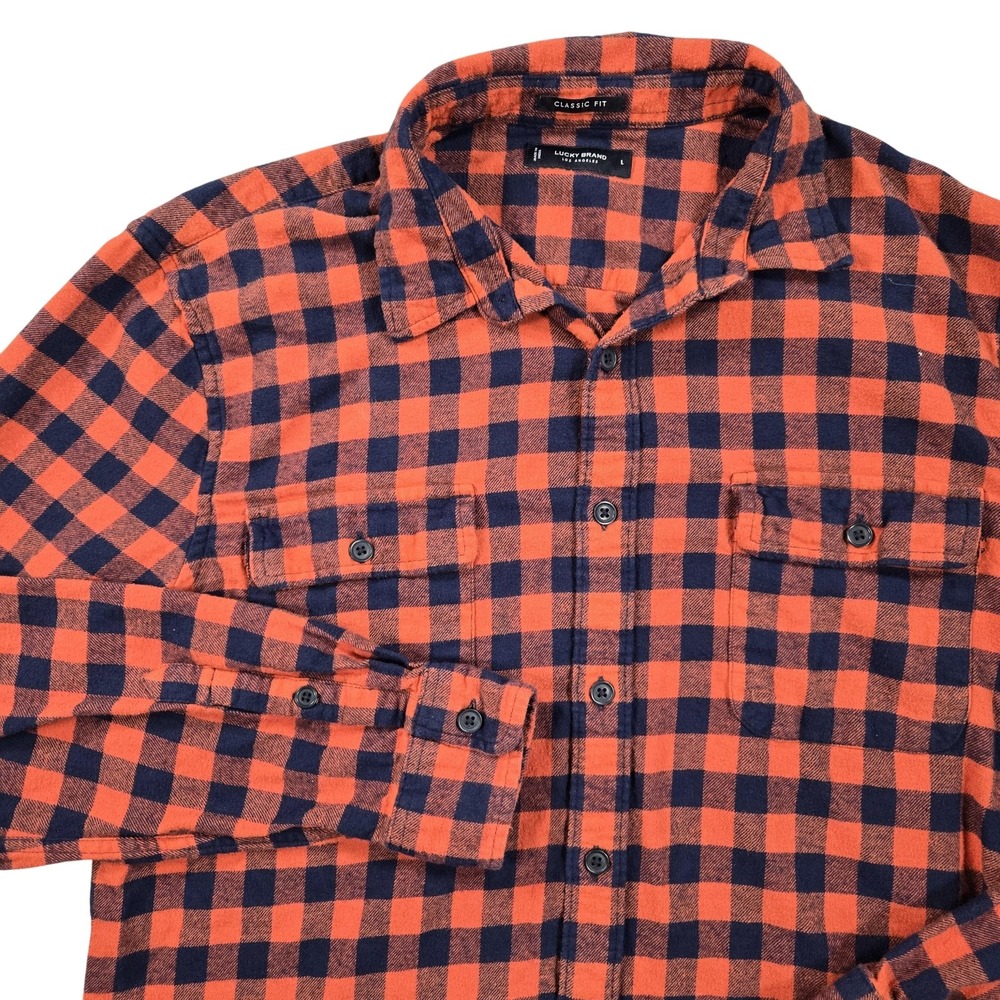 Lucky Brand Shirt Mens Large Orange Navy Plaid Flannel Classic Fit Long Sleeve